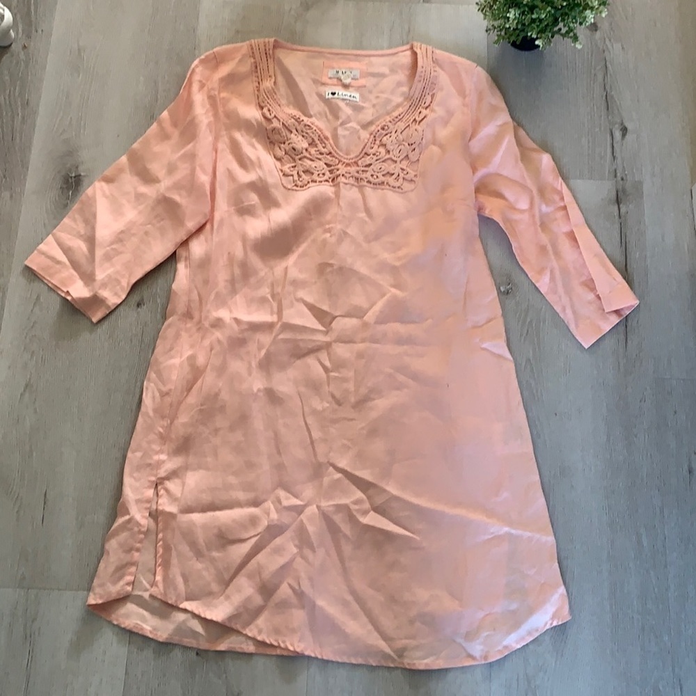 Malvin 100% linen shift‎ dress orange embroidered